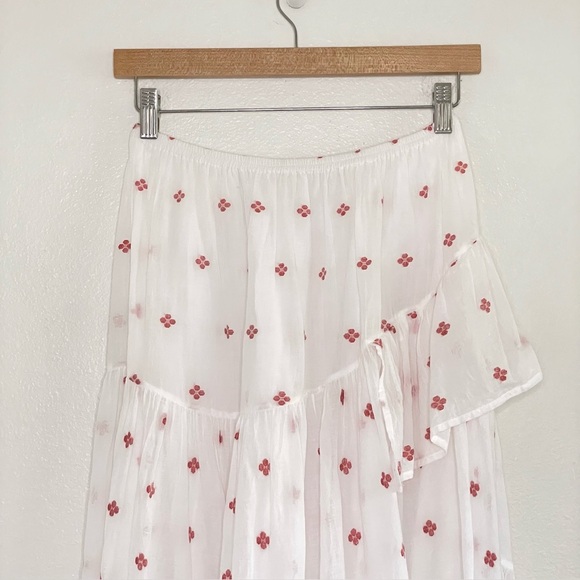 Anaak Delá Embroidered Asymmetrical Ruffle Midi Skirt Rouge Blanc Jamdani 0 XS - Picture 7 of 16